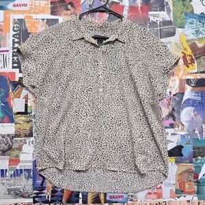 INVESTMENTS Womens XL Leopard Print Button Up Short Sleeve Collared‎ Shirt Top